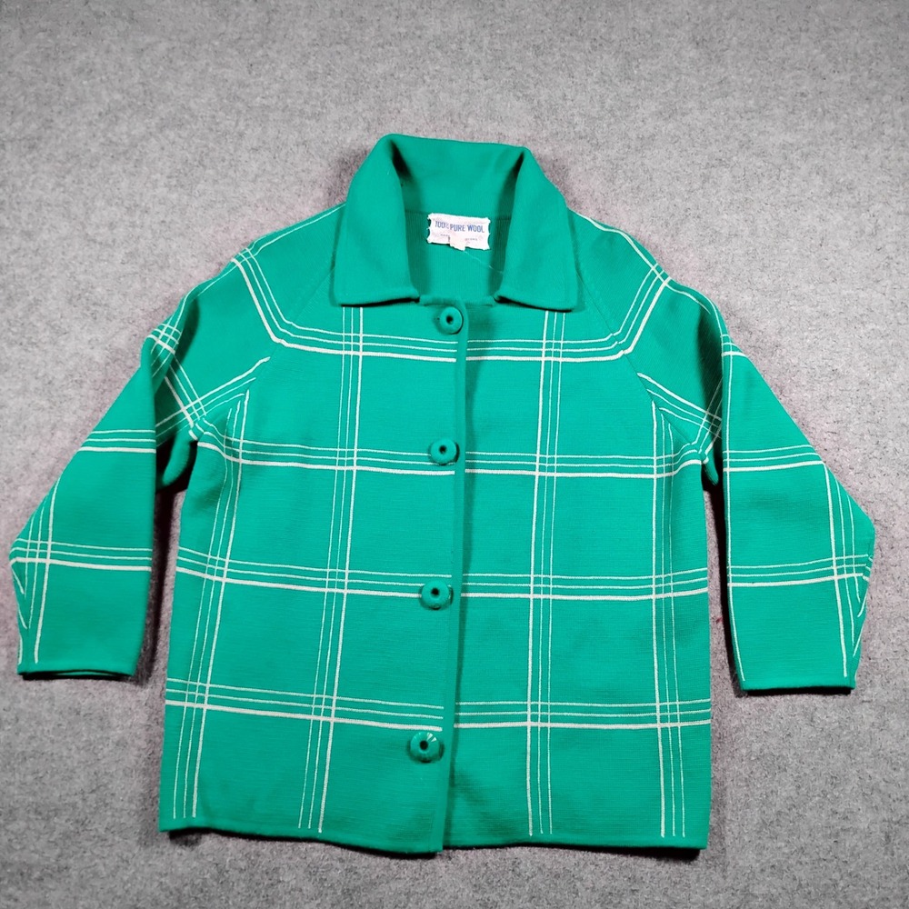 Vintage 100% Pure Wool Women's Green Plaid Button Up Cardigan Jacket Size 12